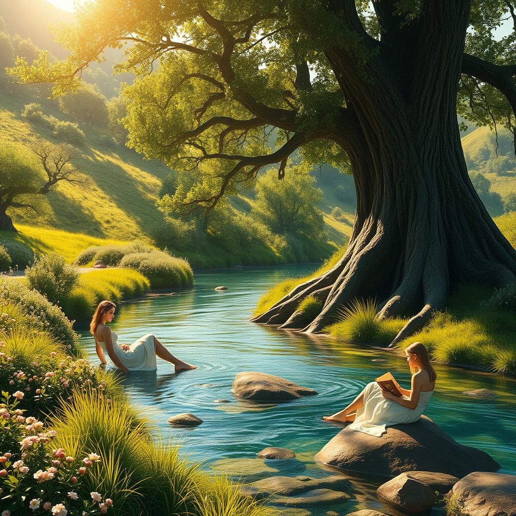 Lush Meadow Scene with Ethereal Girls by River