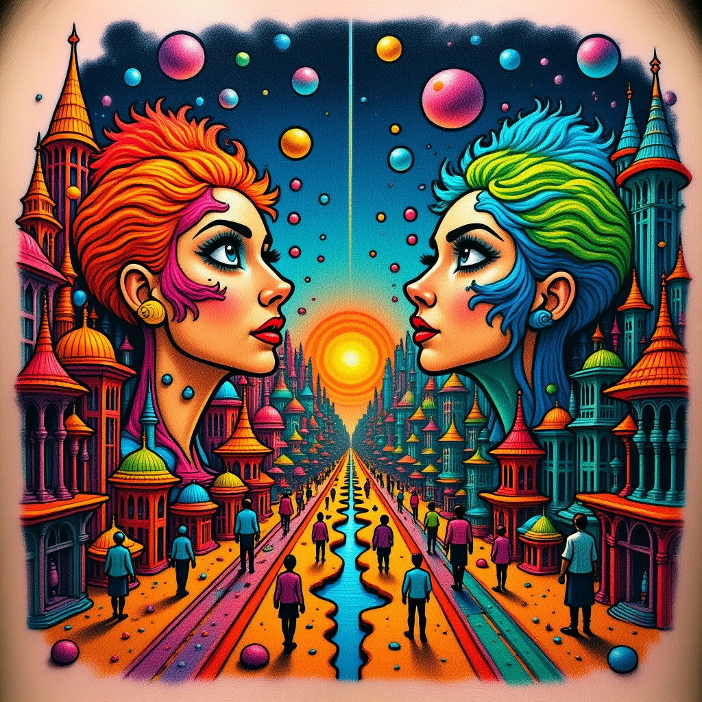 Parallel Timelines Merge in Surreal Dotty Art