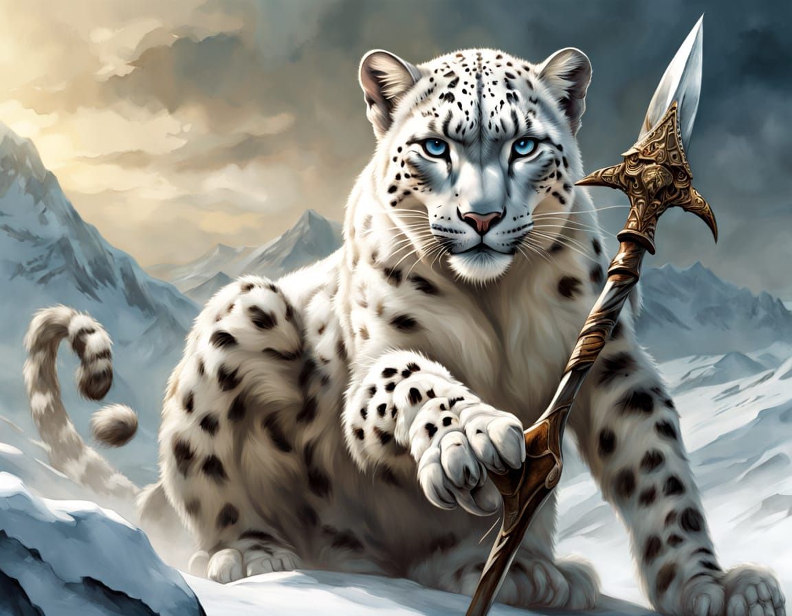 Snow Leopard Warrior Leaping Through Winter Battlefield