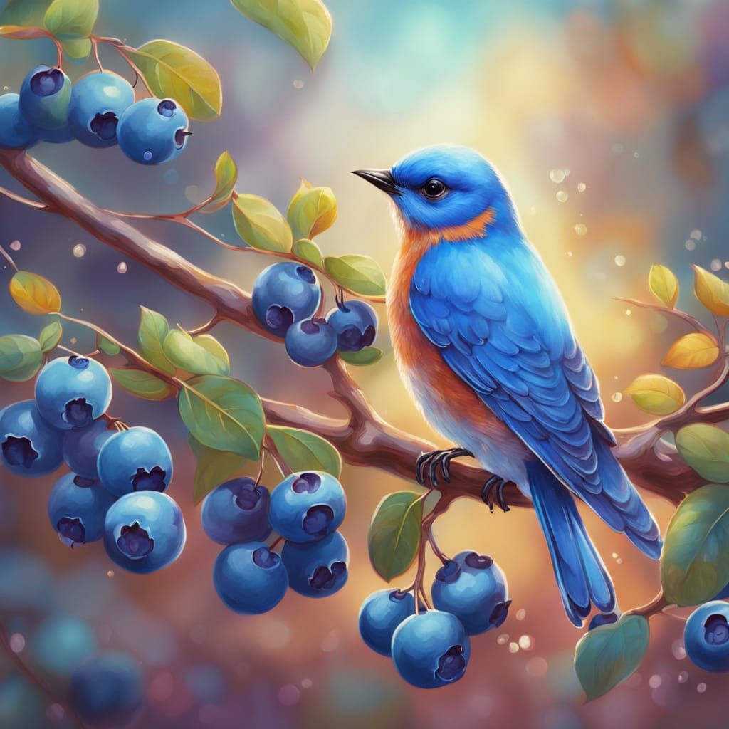 Blueberry Bluebird on Branch: Oil Painting Concept Art
