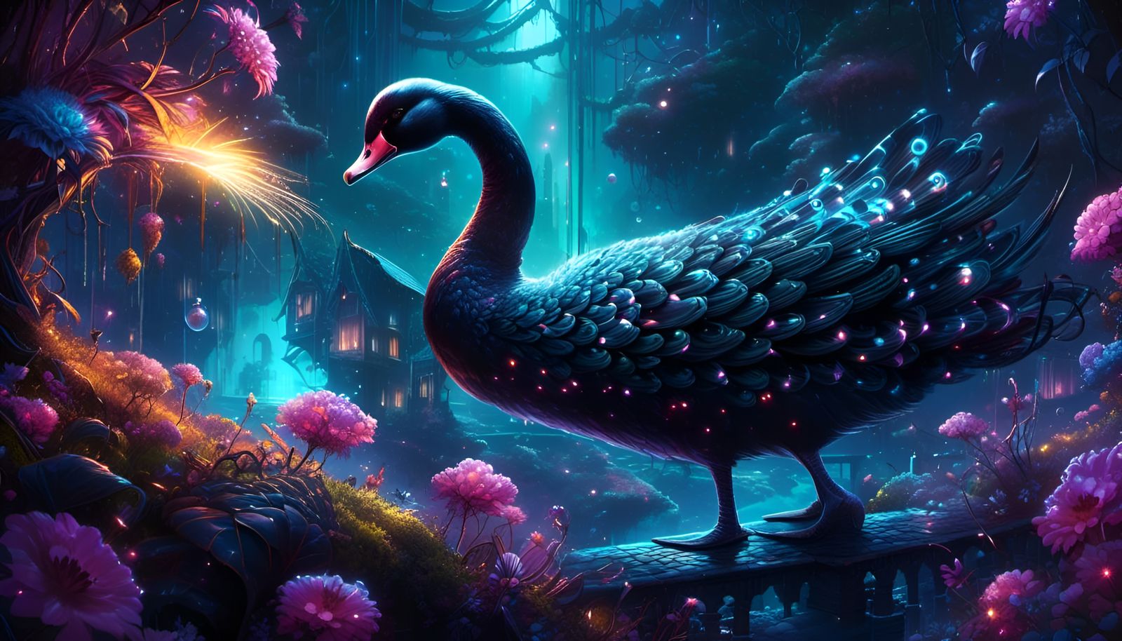 Aetherpunk Black Swan in Cybernetic Jungle