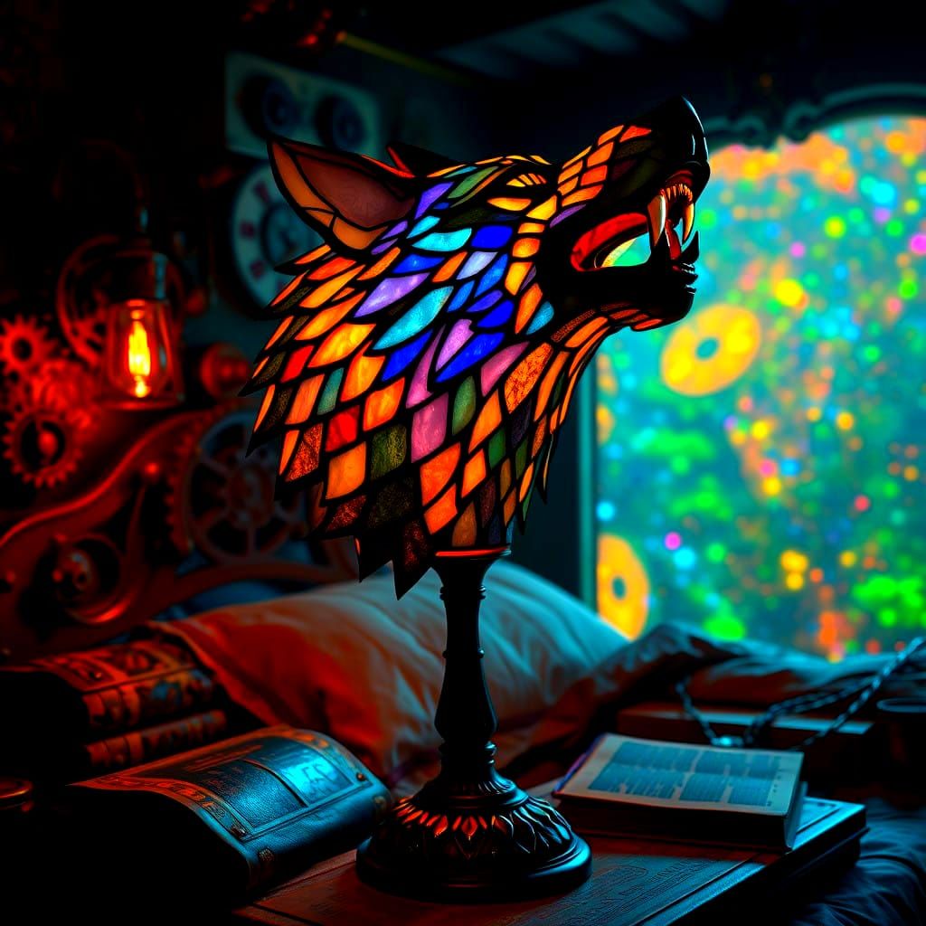A Tiffany Styled Stained Glass Wolf's Head Lamp