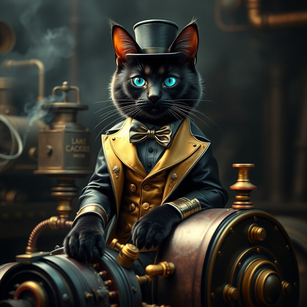 Steampunk Cat in Brass Tuxedo on Steampunk Engine