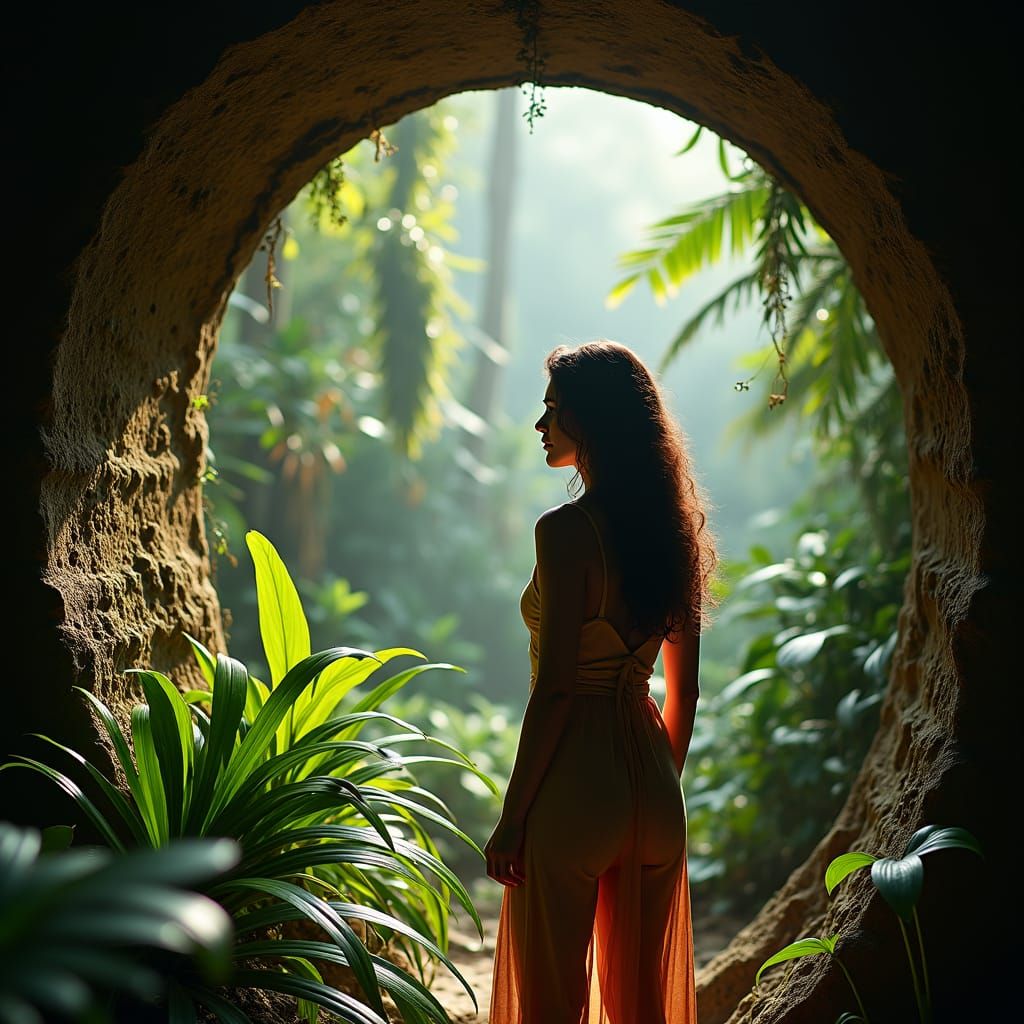 Woman Emerges from Jungle Tunnel in Tropical Paradise