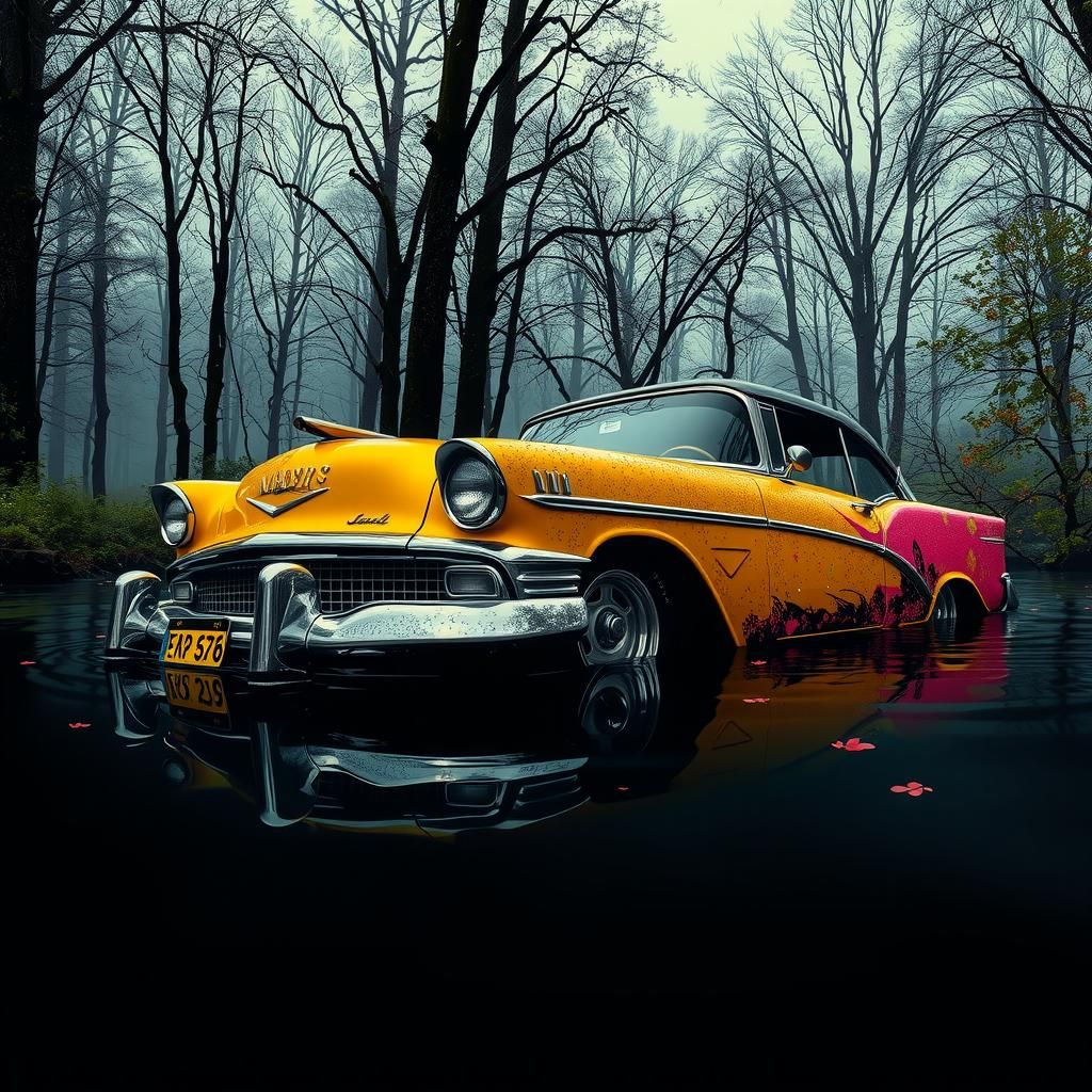 Luxury Car Sinking in Swamp: Vibrant Pop Art