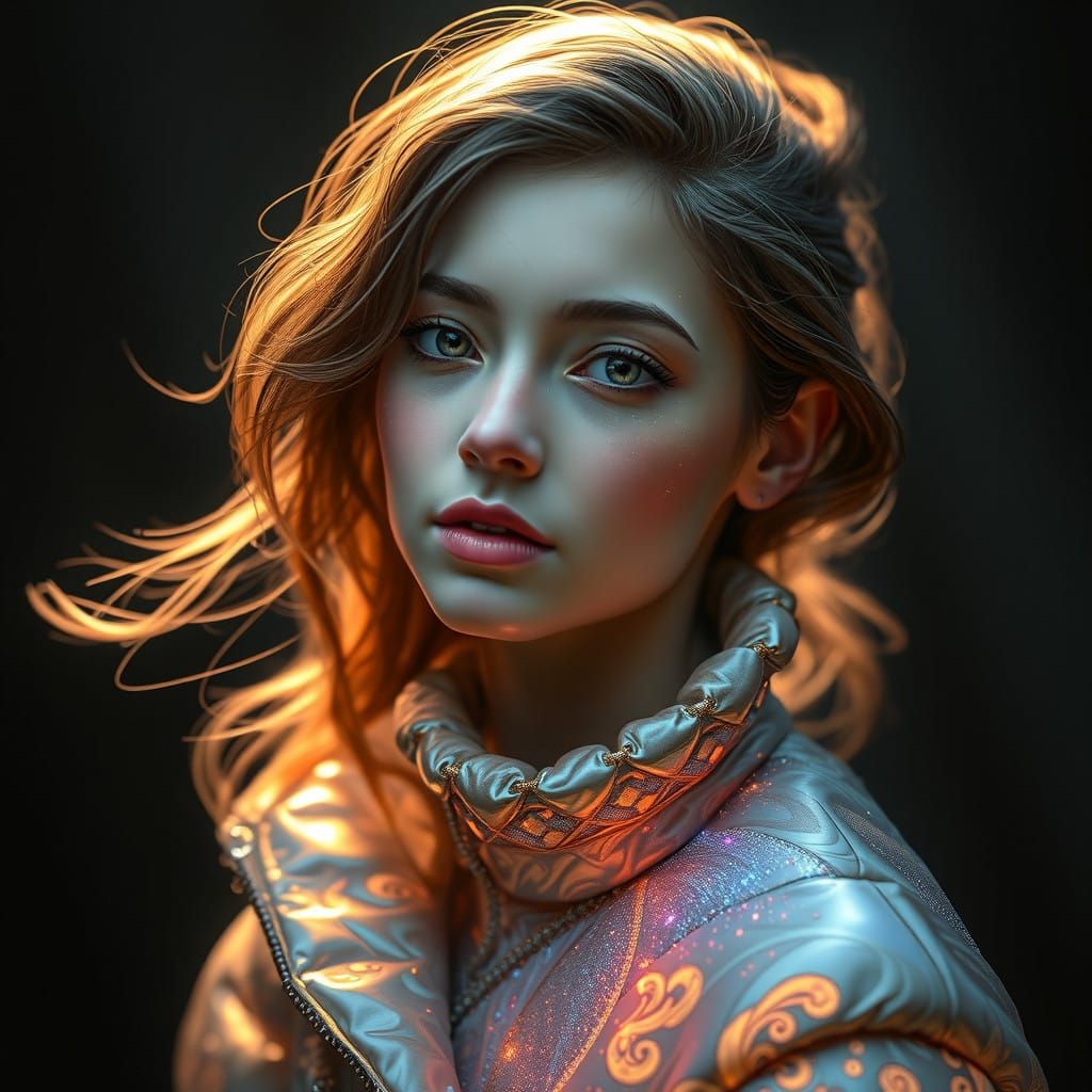 Ethereal Woman in Mystical Down Jacket