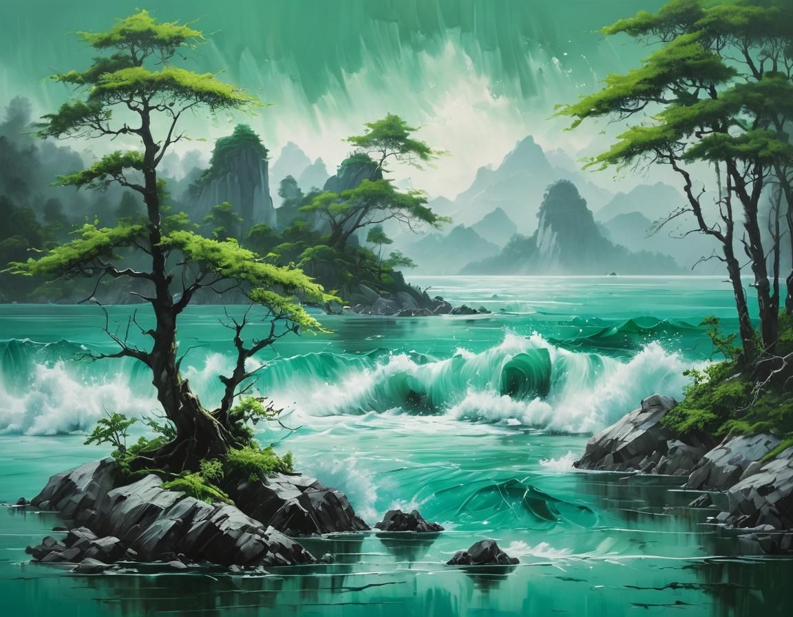 Emerald Lake and Forest in Monochromatic Green Oil Painting