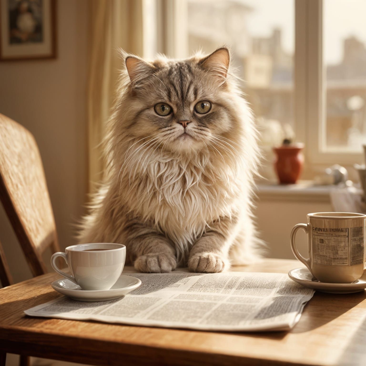 Whimsical Watercolor of Persian Cat Reading Newspaper