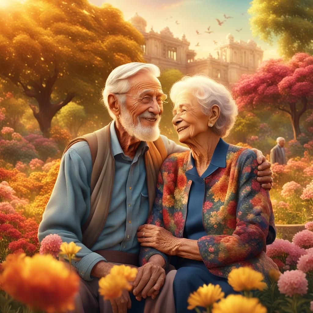 Elderly Couple Embracing in Sunny Park, Impressionist Style
