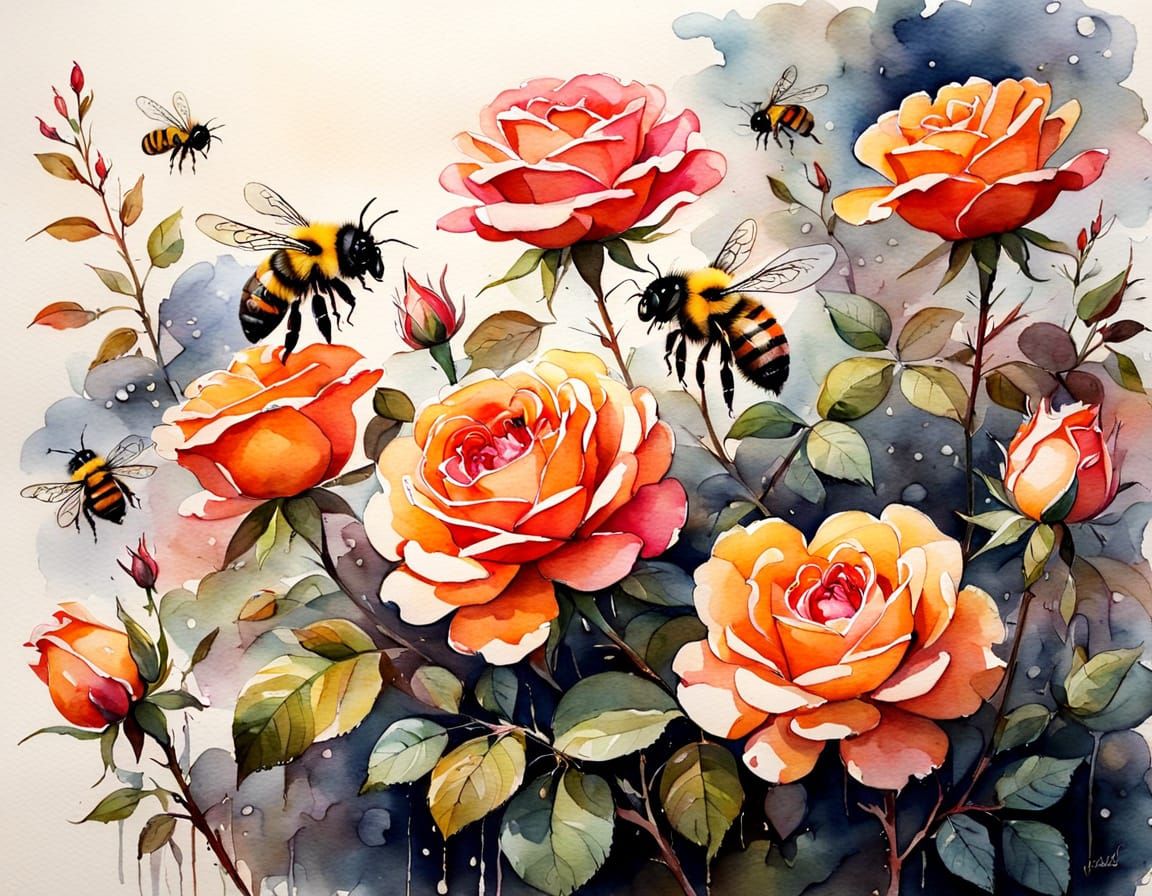 Whimsical Watercolor Roses in Vibrant Oranges and Pinks