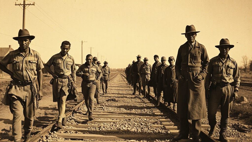 Convicts in Striped Uniforms toil on a Dusty Railway Line in...