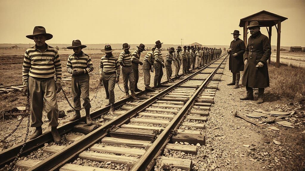 American Prisoners in a Rural Railway Yard, 1900s Sepia Phot...