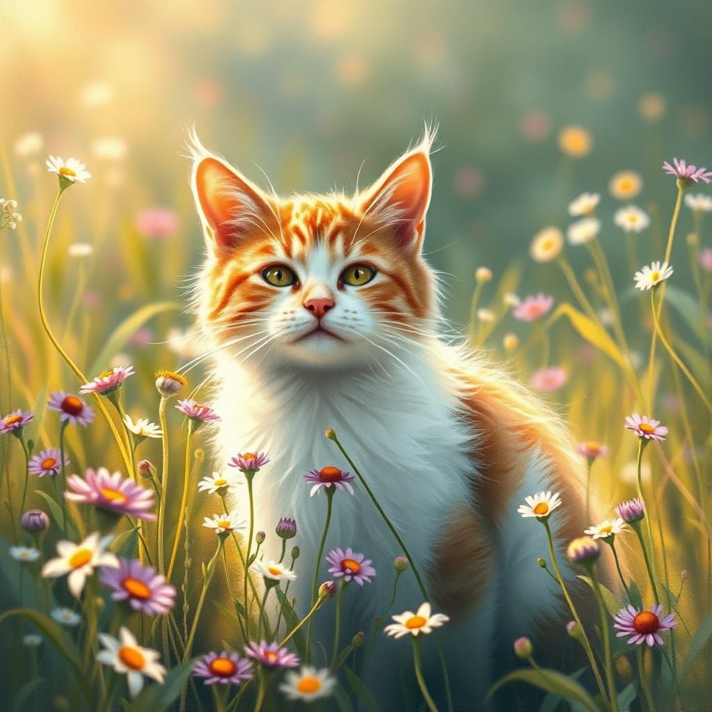 Dreamy Cat in a Vibrant Meadow Scene