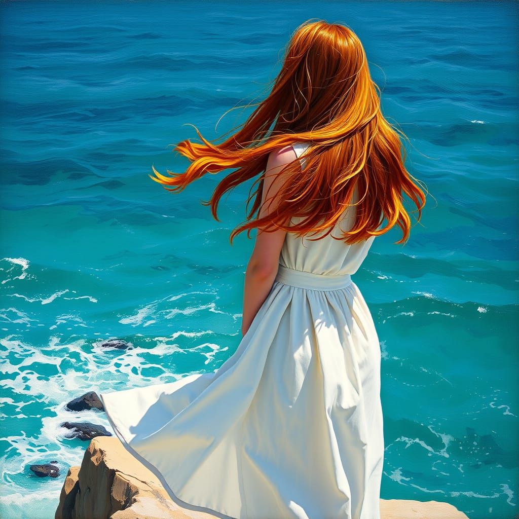 Woman Stands at the Cliff, Gazing the Horizon in a Romantic ...