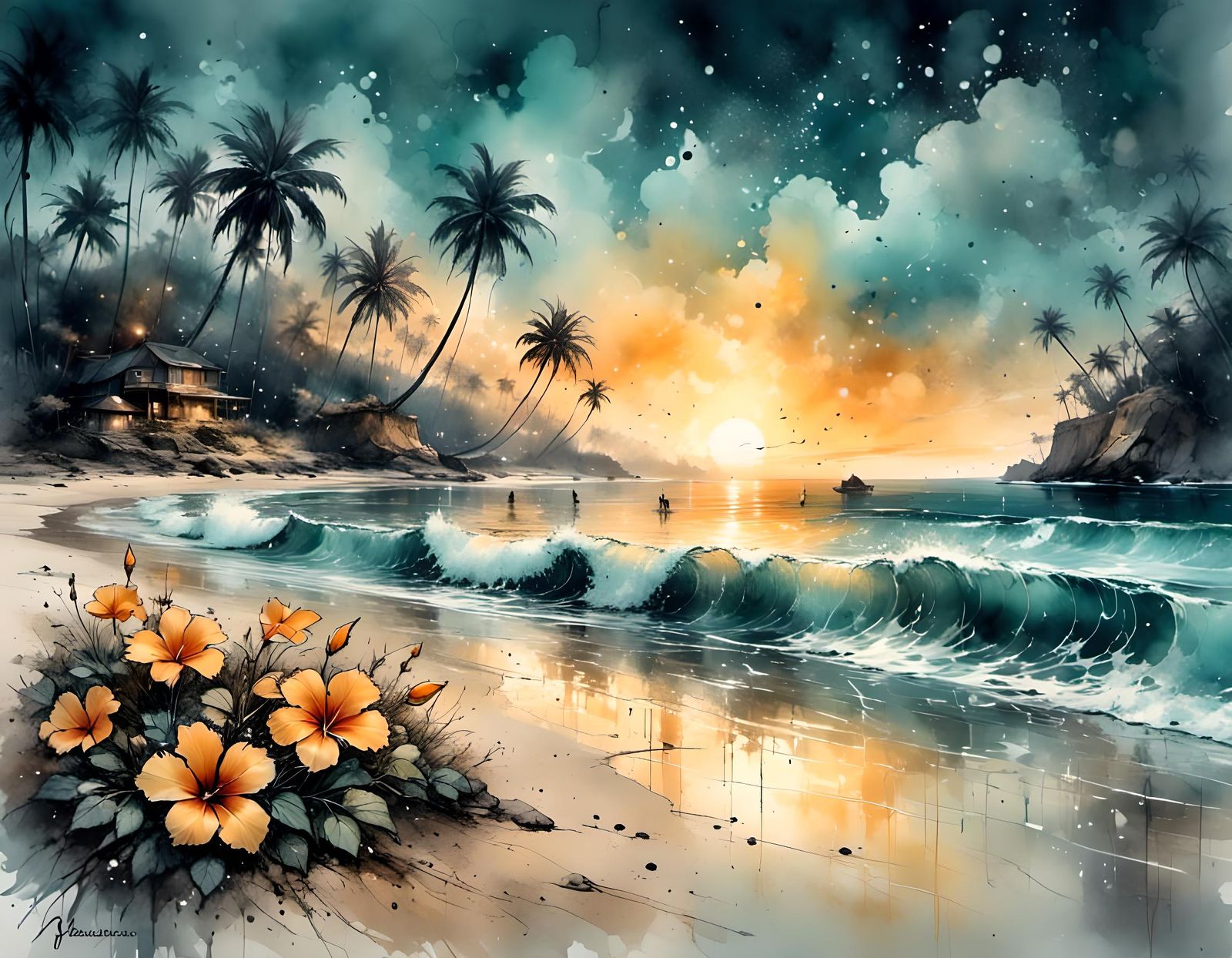 Sunset Beach Close-Up with Hibiscus Flowers