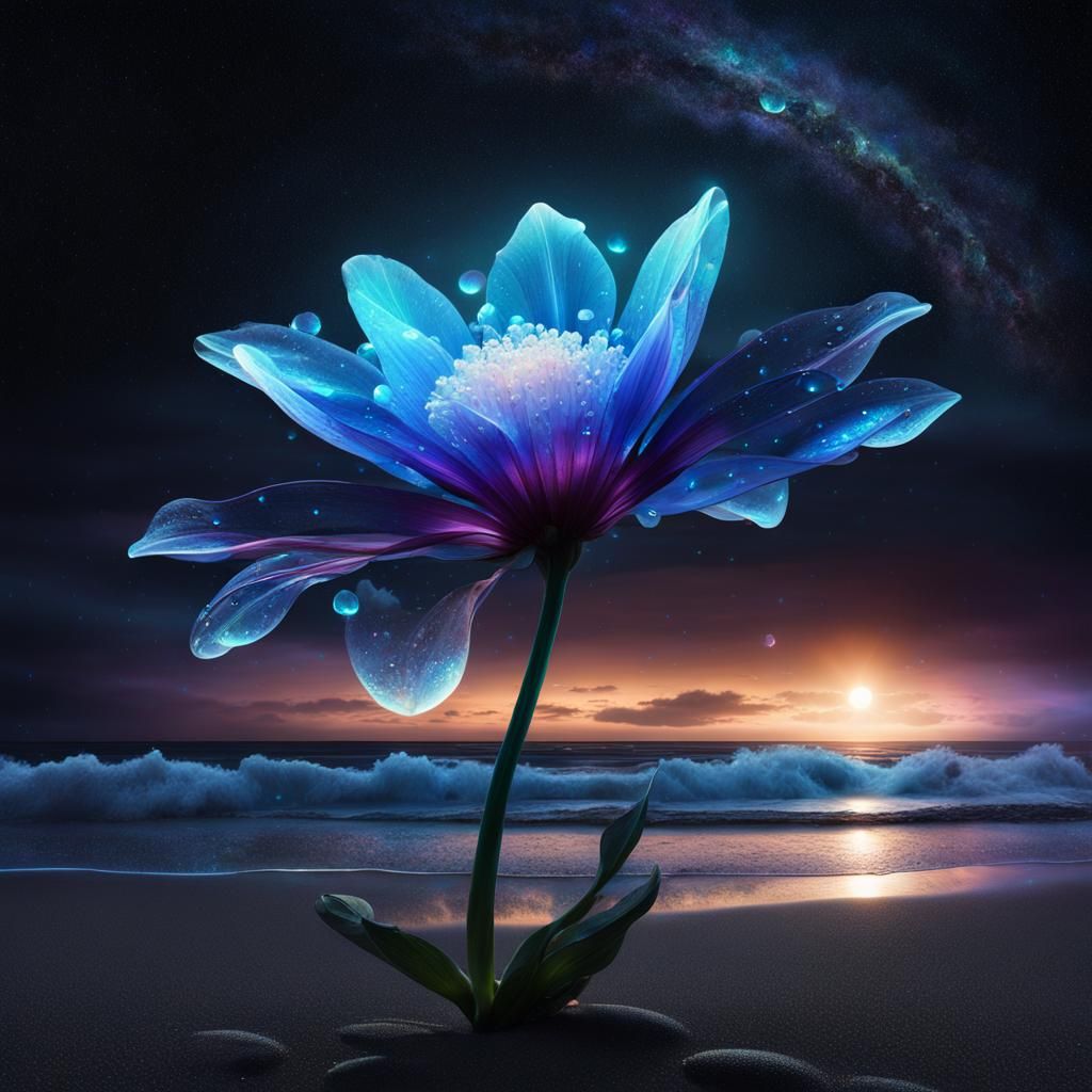 Bioluminescent Flower Blooms on Dark Beach at Night
