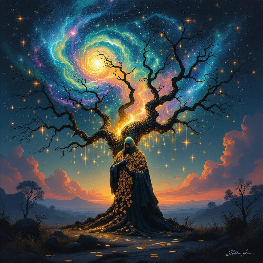 Ancient Golden Tree with Celestial Flora Under Nebula Sky