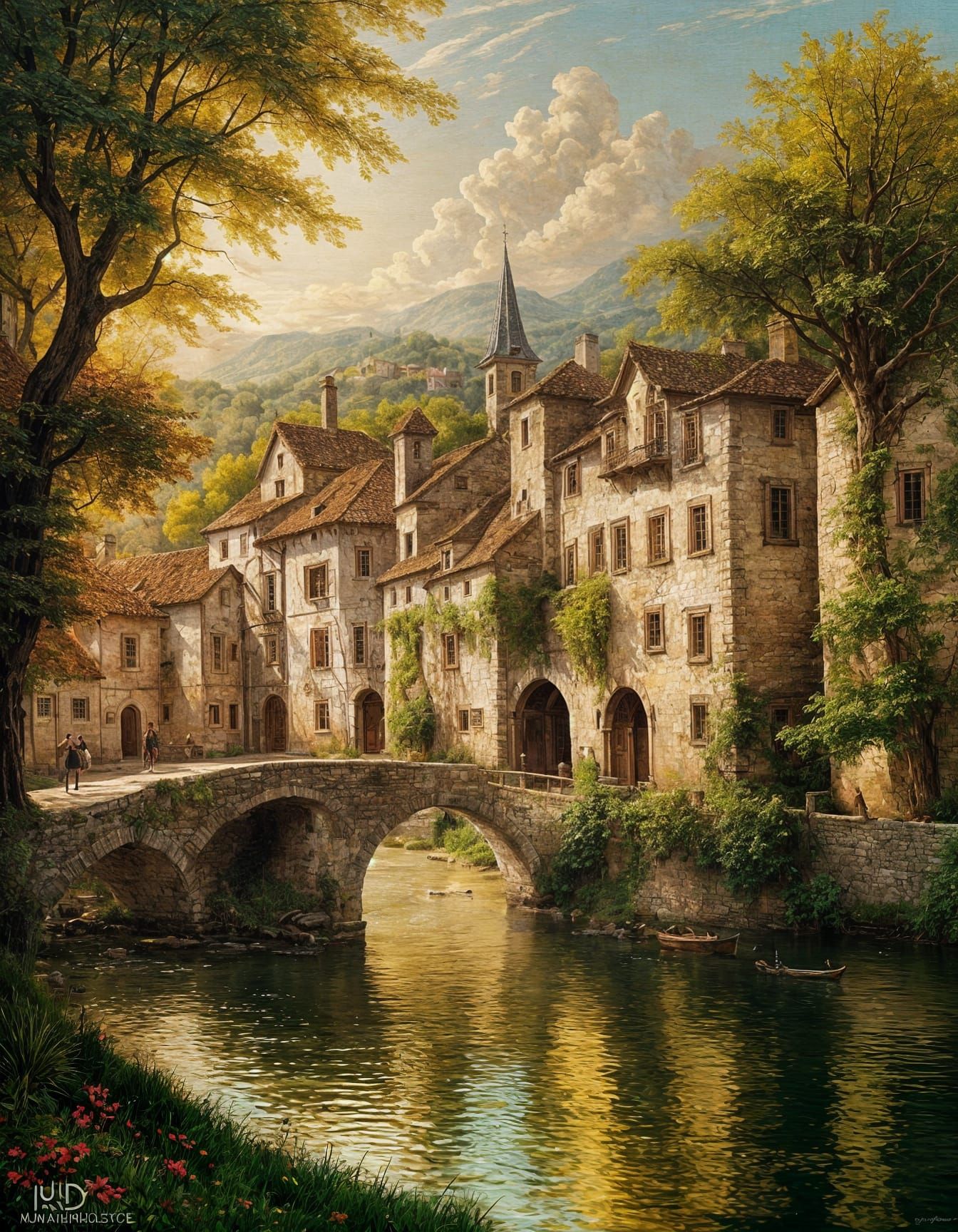 17th Century River Village Oil Painting
