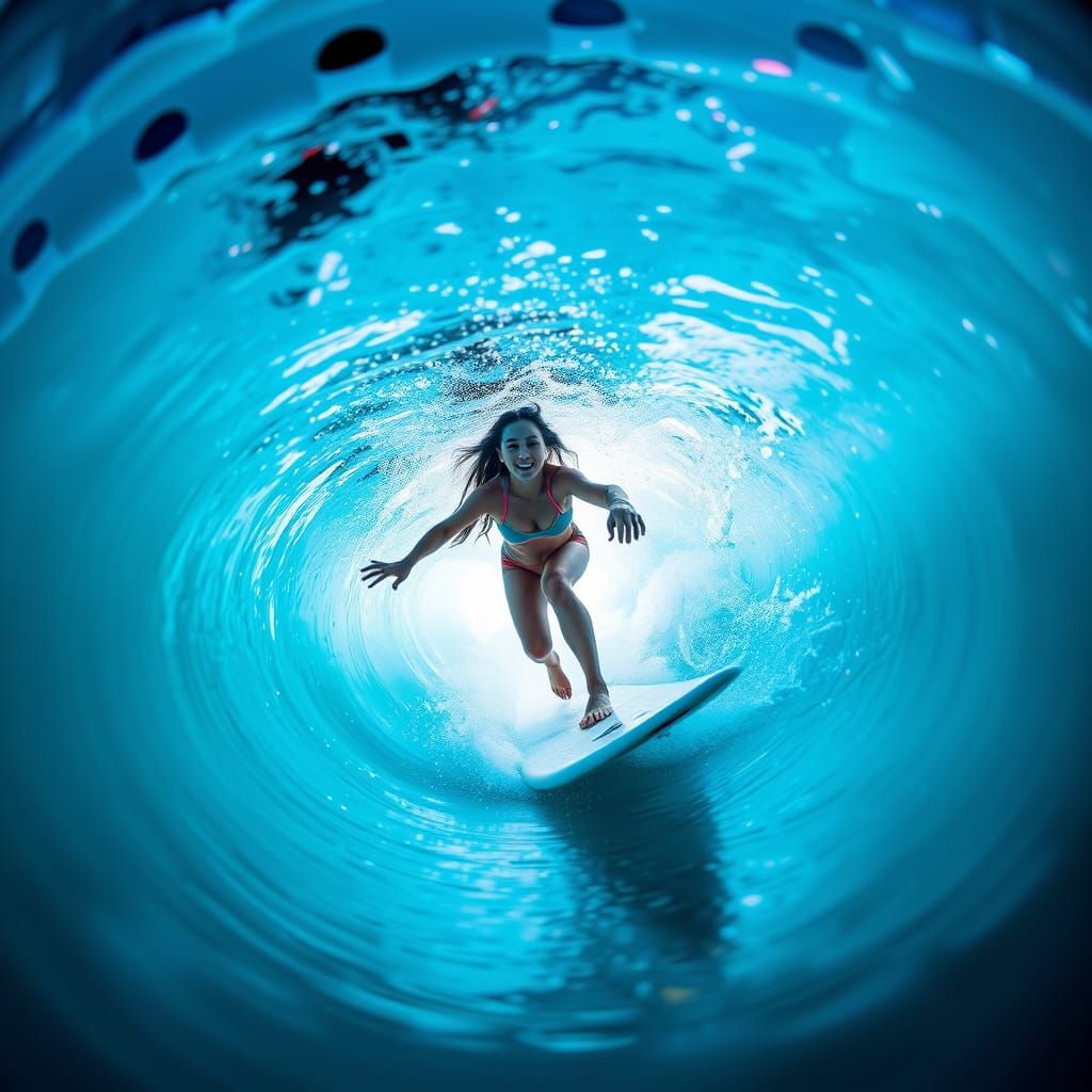 Neon Surf Goddess Rides Checkerboard Wave