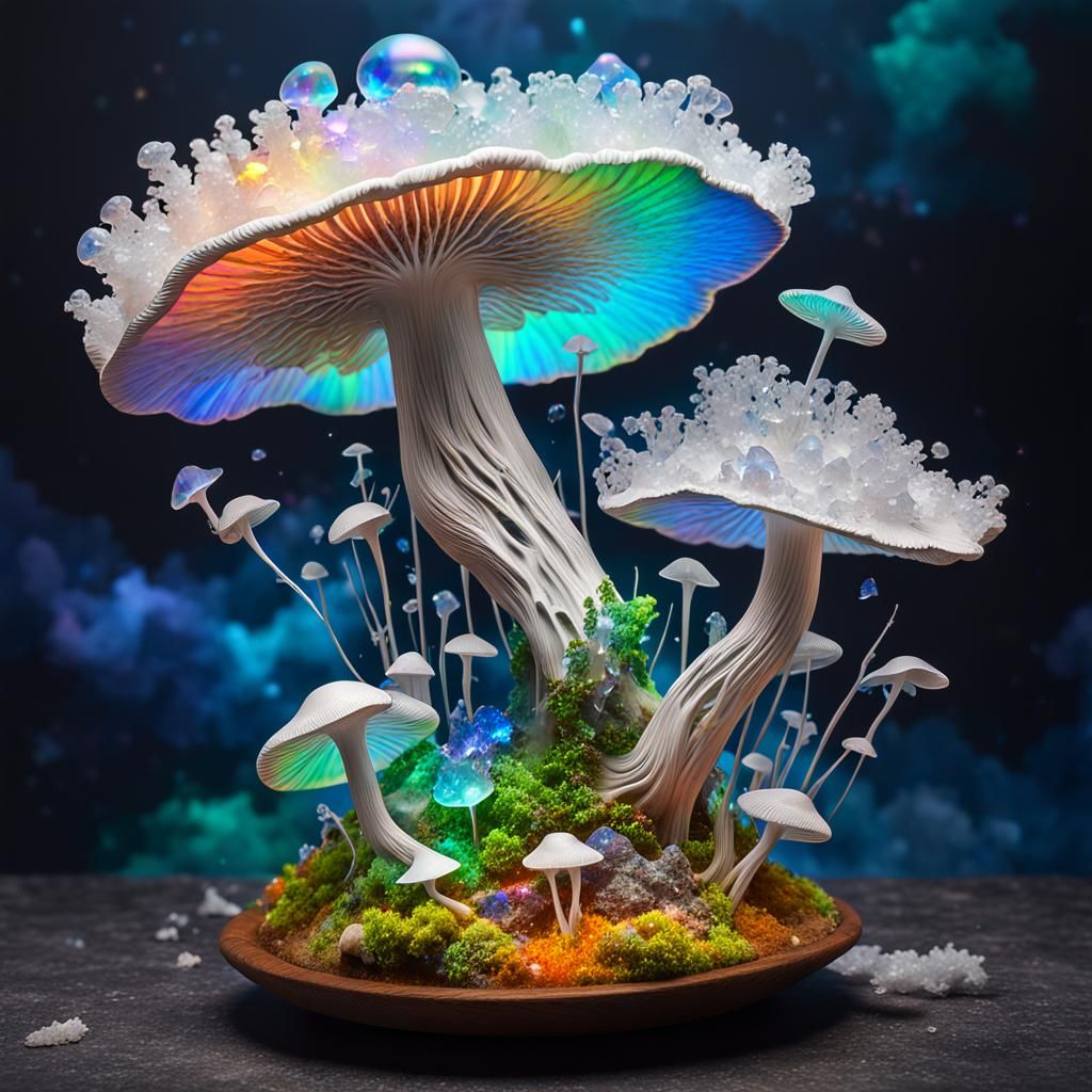 Winged Silver Mushroom with Rainbow Opal Crystals