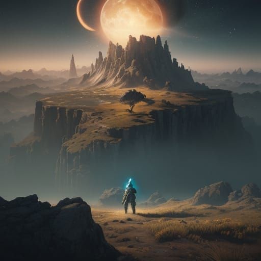 Women's Planet in Distant Haze with Brave Explorer Claiming ...