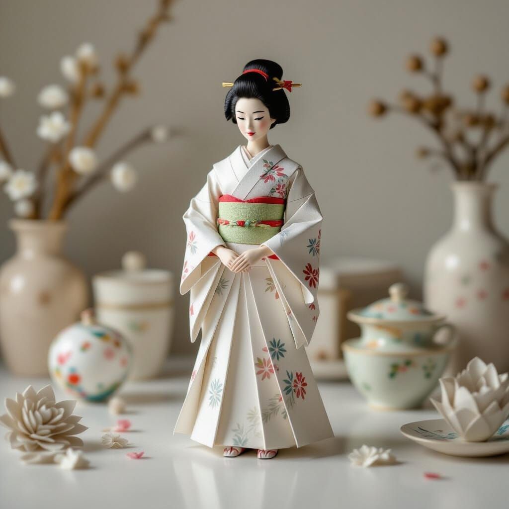 Origami Figure Surrounded by Papercraft and Stationery