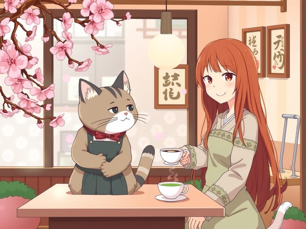 Cozy Tokyo Tea Shop with Cat Barista, Ghibli Style