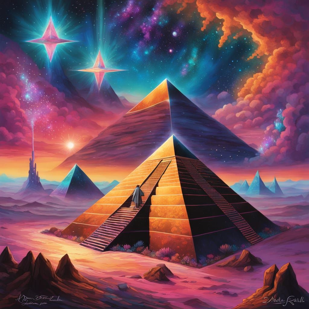 Surreal Dreamlike Pyramid in Vibrant Celestial Landscape
