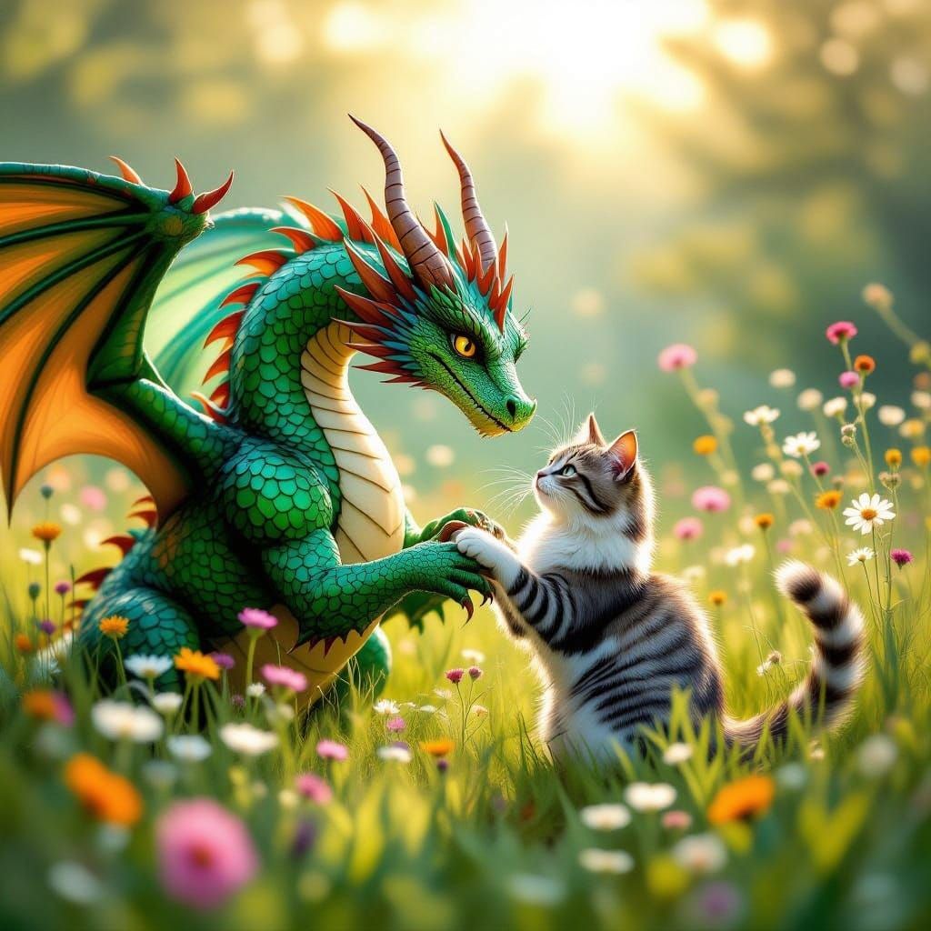 Majestic Dragon and Playful Cat in Whimsical Summer Scene