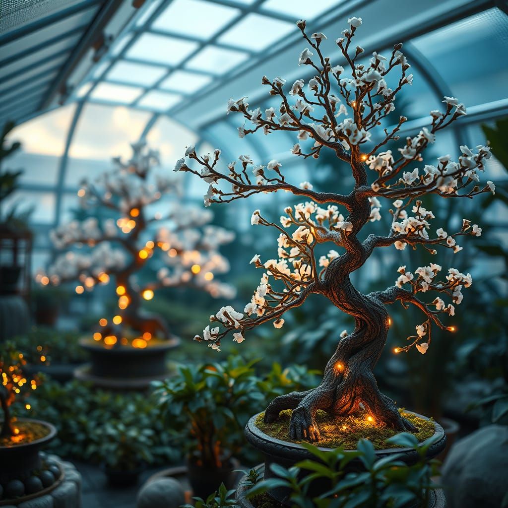 Cyberpunk Bonsai Garden in Futuristic Greenhouse