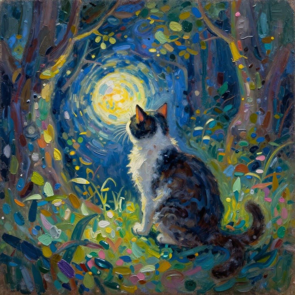 Cat Arches Back in Magical Forest with Glowing Orb