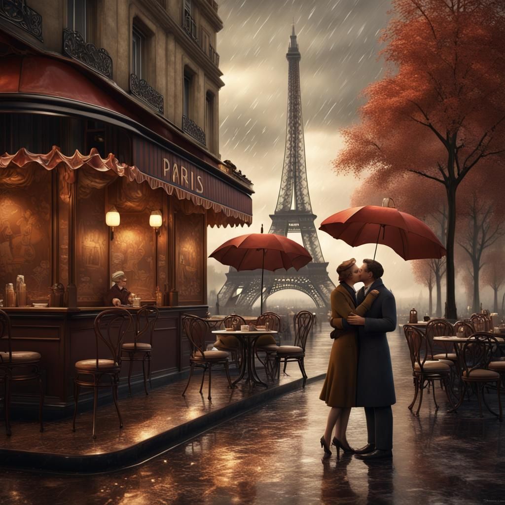 Romantic Paris Scene: 1930s Couple Embrace