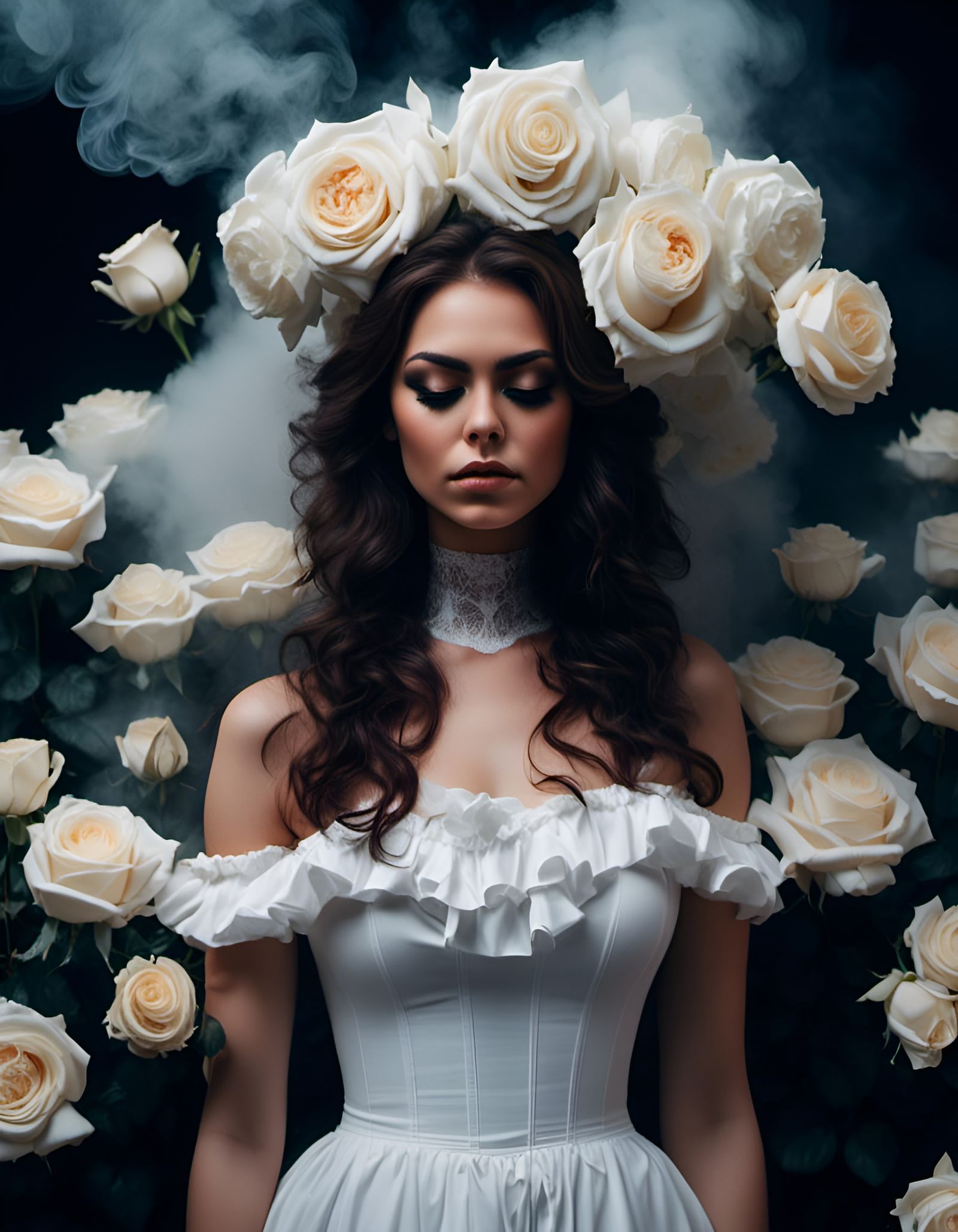 Gothic Woman in White Roses and Smoke