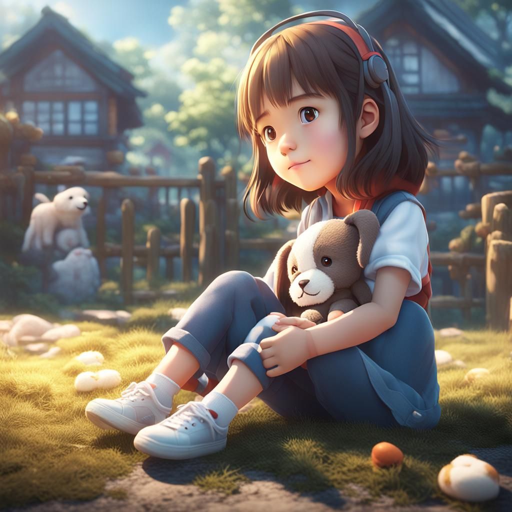 Girl with Stuffed Dog in Anime Style