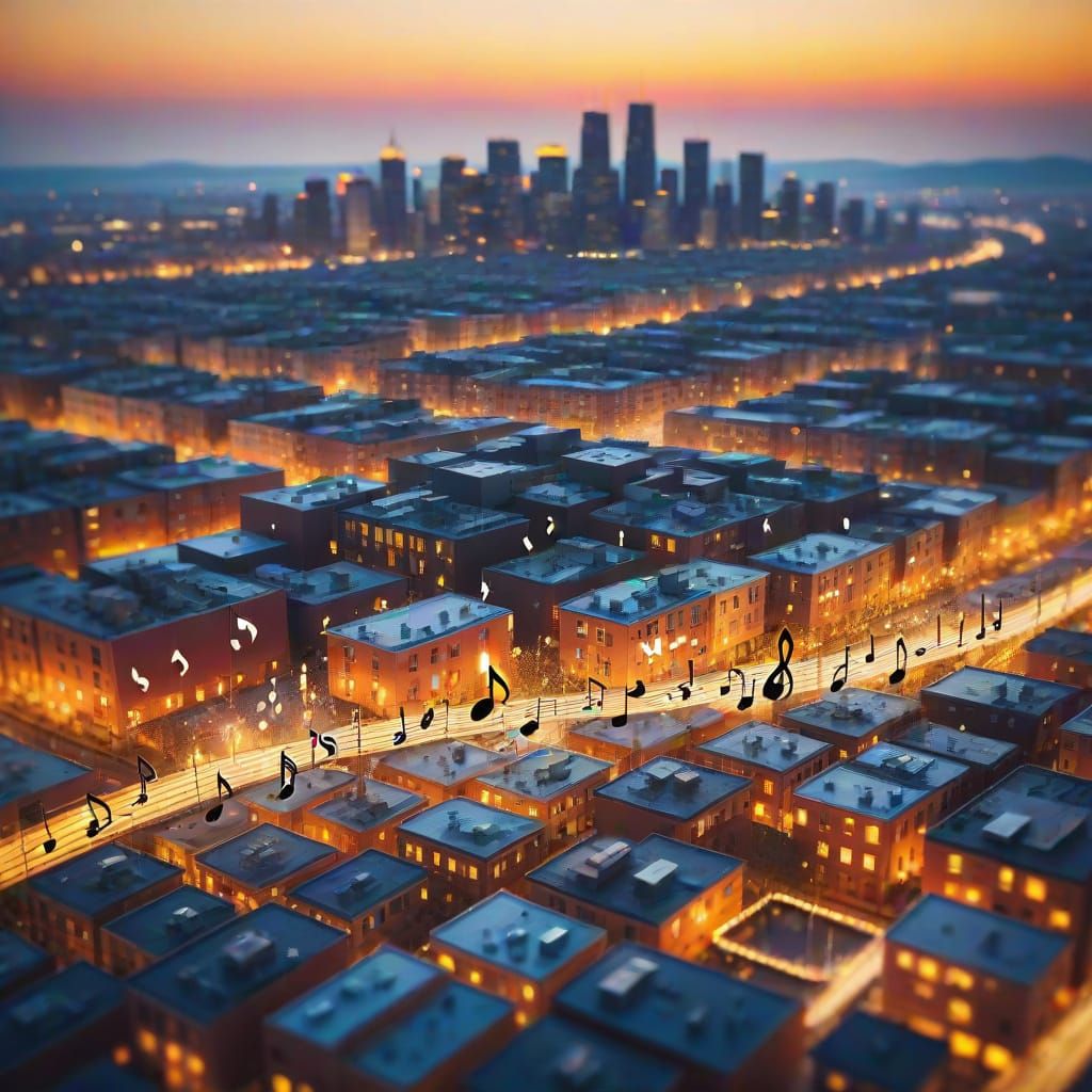 Golden Musical Notes Above City at Night