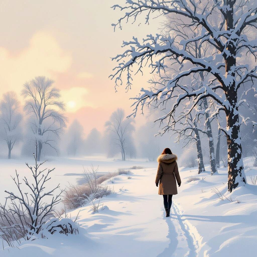 Snowy Landscape with Woman, in Romantic Style