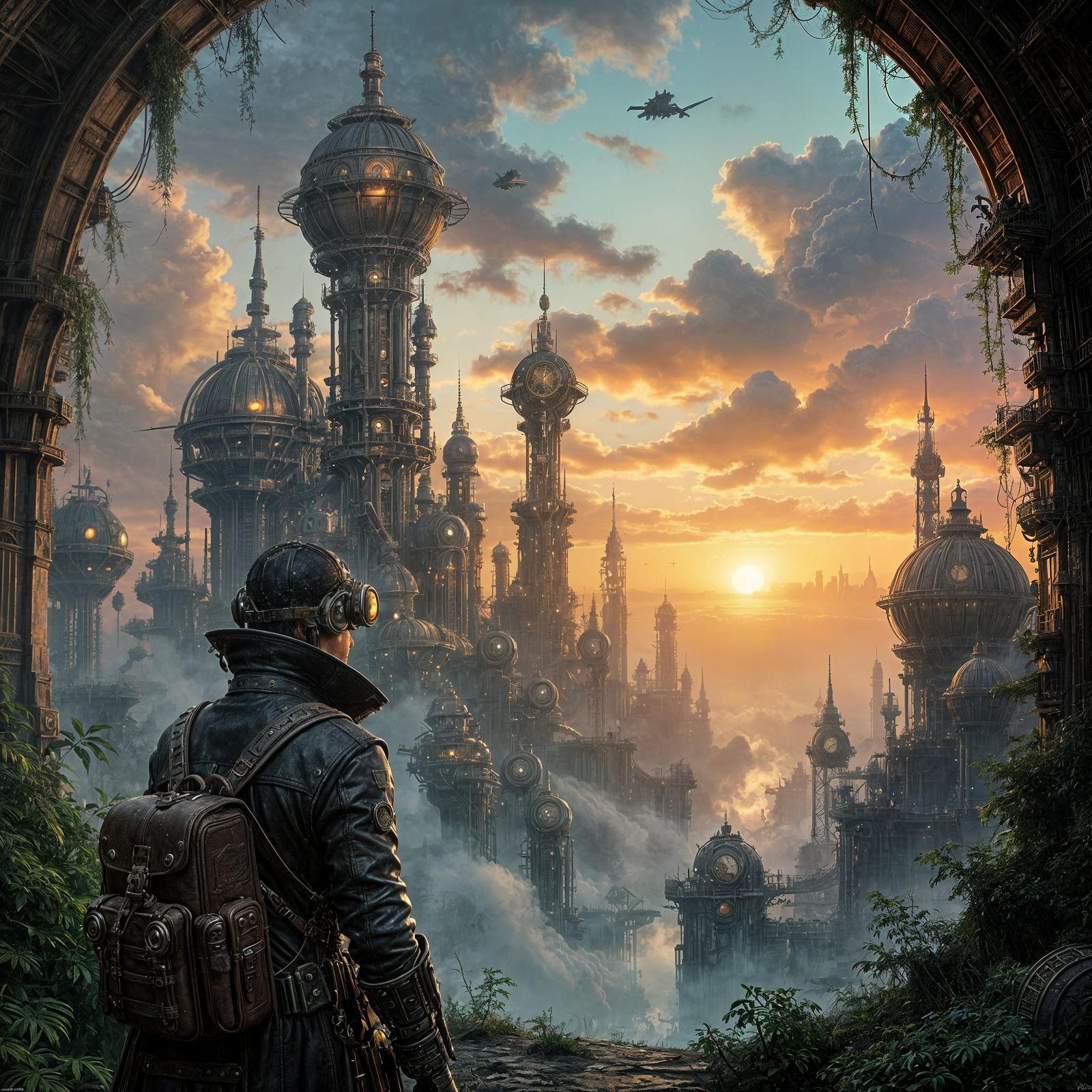 Steampunk Cityscape Under Cosmic Dust and Binary Sunset