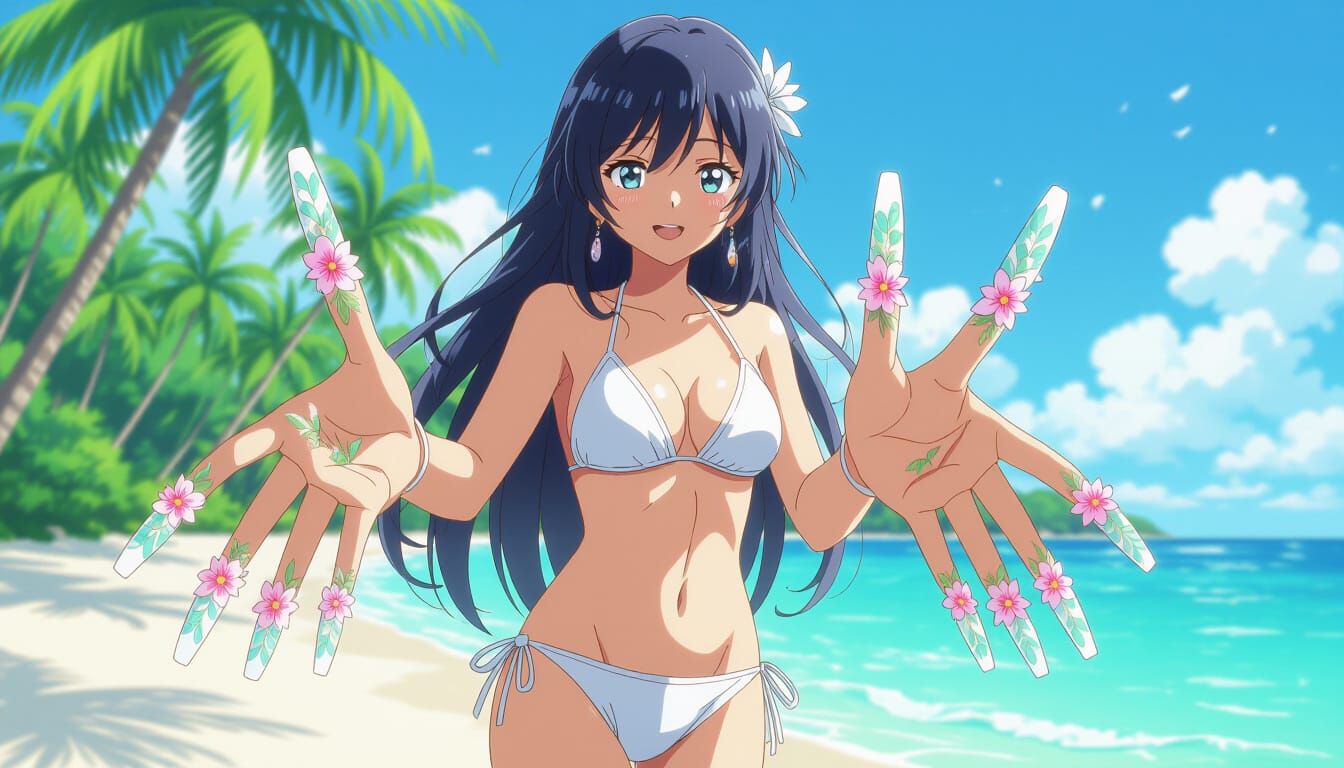 Anime Beach Girl With Longest Floral Nails