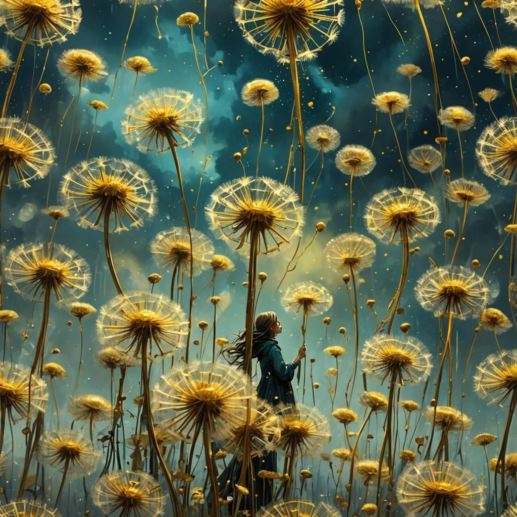 Golden Dandelion Sculpture Descends from Dreamy Sky