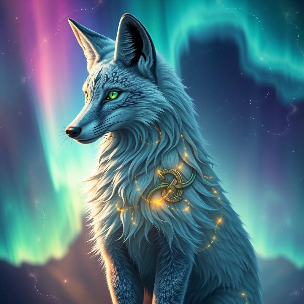 Majestic Silver Fox with Aurora Borealis Background