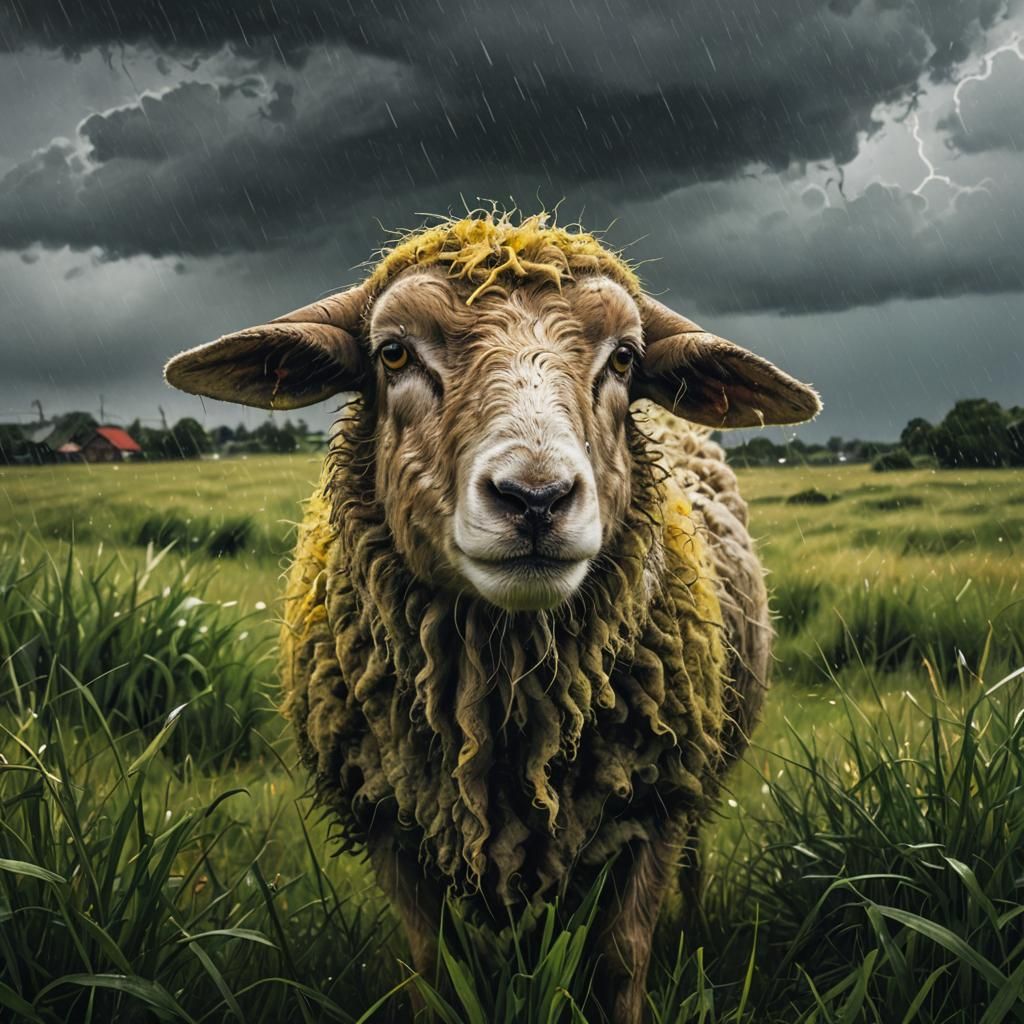Surreal Sheep with Raincloud Head in Stormy Weather