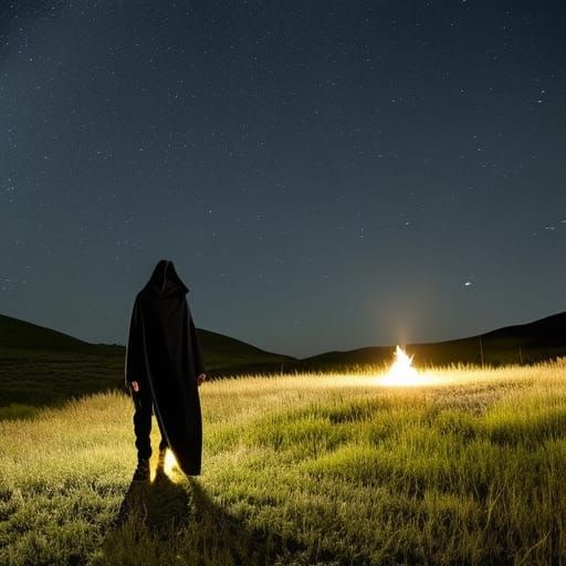 Hooded Ninja Assassin at Skinwalker Ranch Under Stars