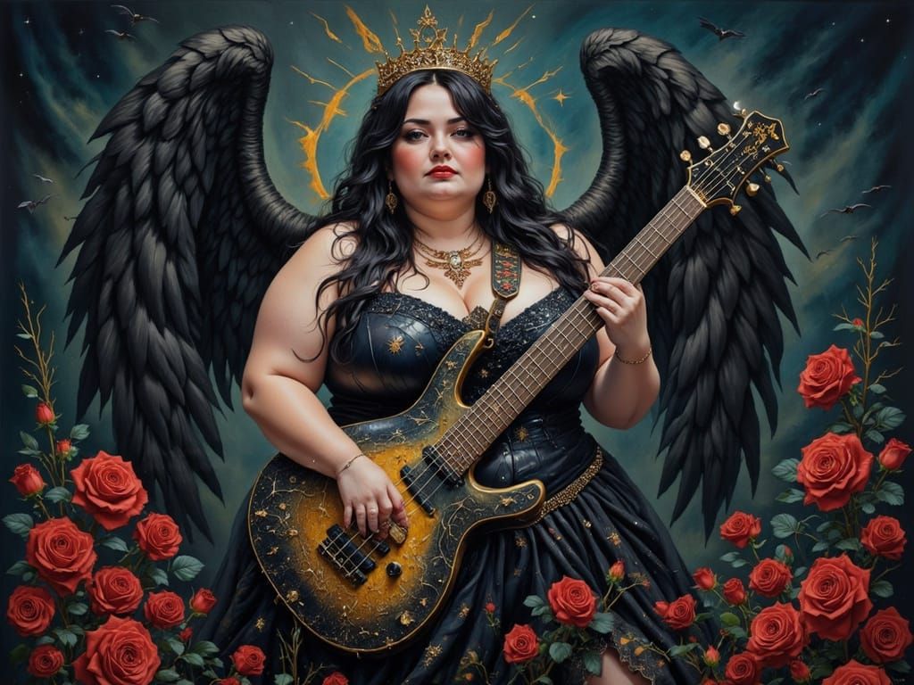 Gothic Beauty with Bass Guitar Amidst Roses and Skulls