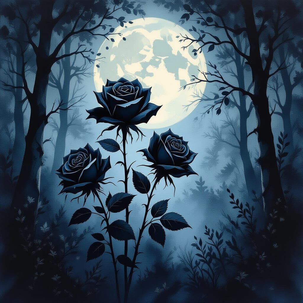 Gothic Black Roses Blooming in Moonlight