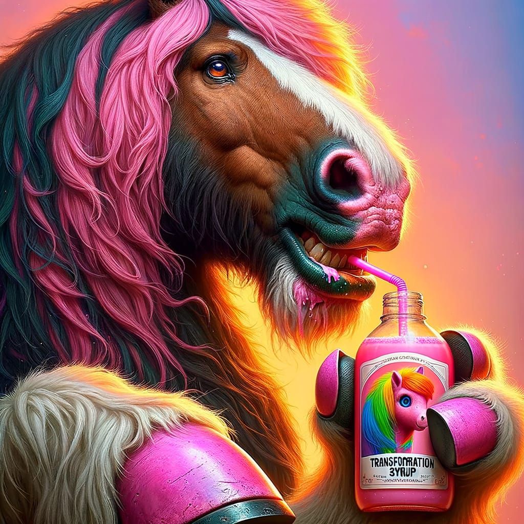 Shire Horse Enjoys Whimsical Pink Treats in a Vibrant Scene