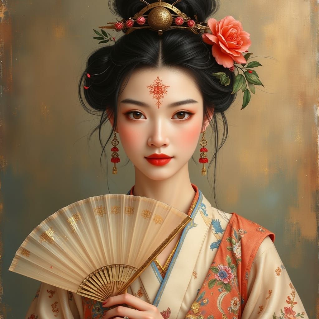 Tang Dynasty Court Lady in Traditional Attire with Fan
