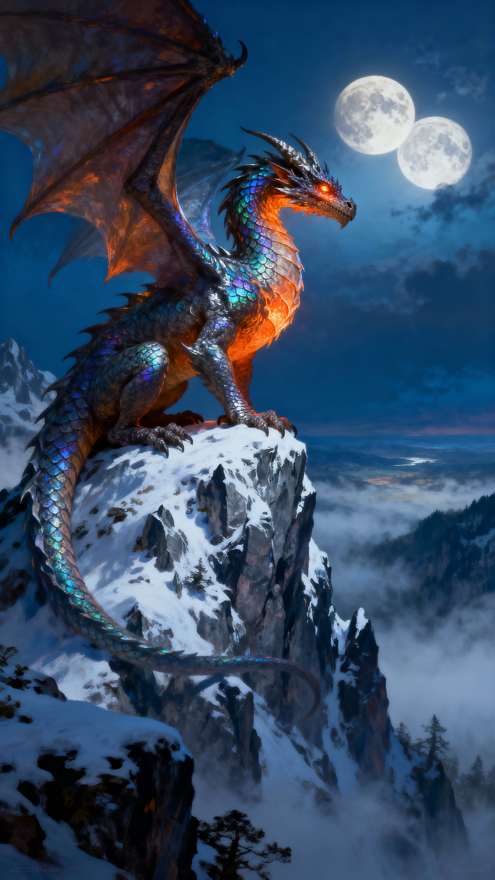 Majestic Dragon on Snowy Peak at Twin Moonrise