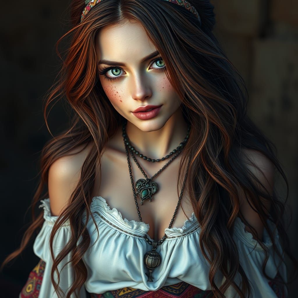 Bohemian Witch in Lush Garden: Digital Art Portrait