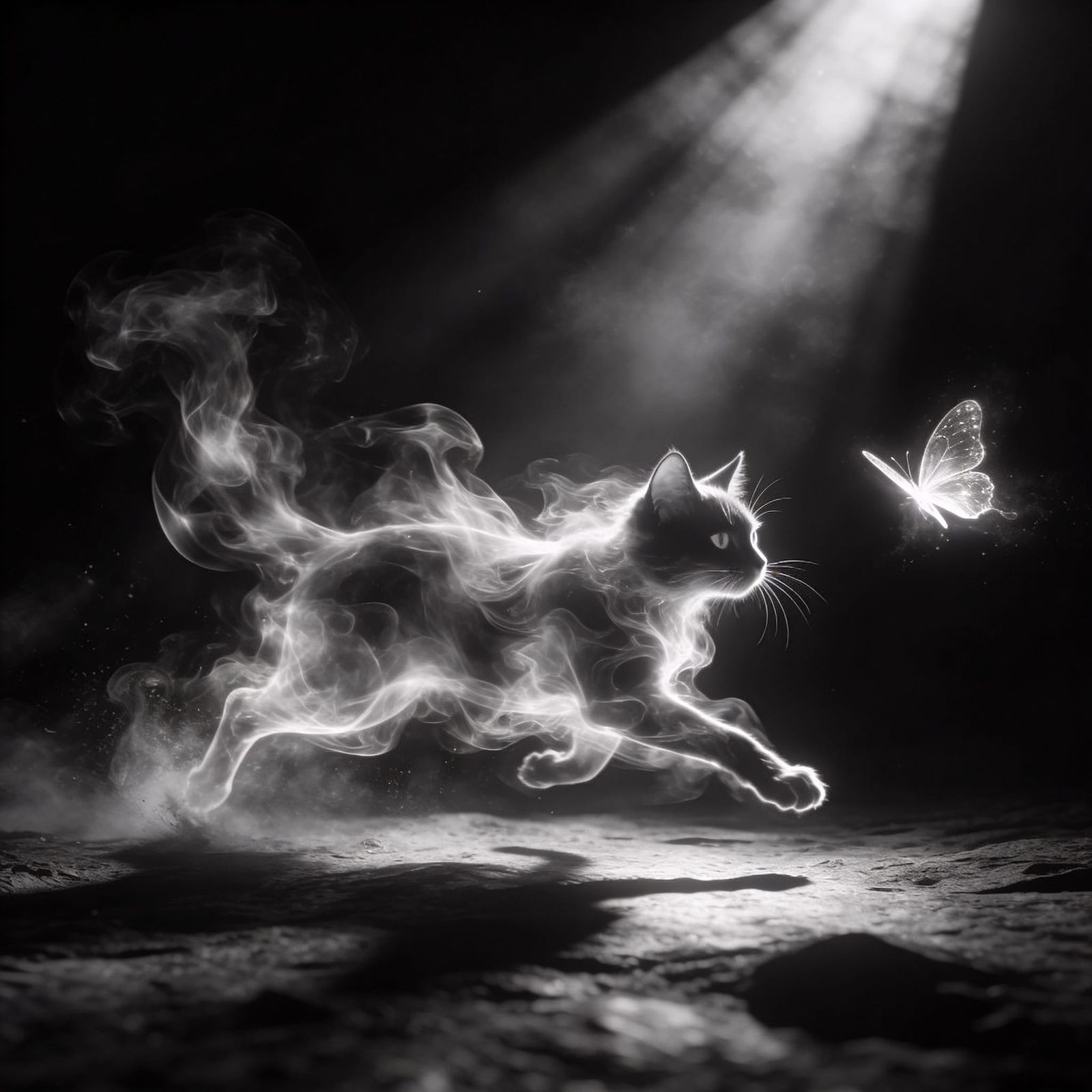 Spectral Cat Pursues Ethereal Butterfly in Dramatic Light