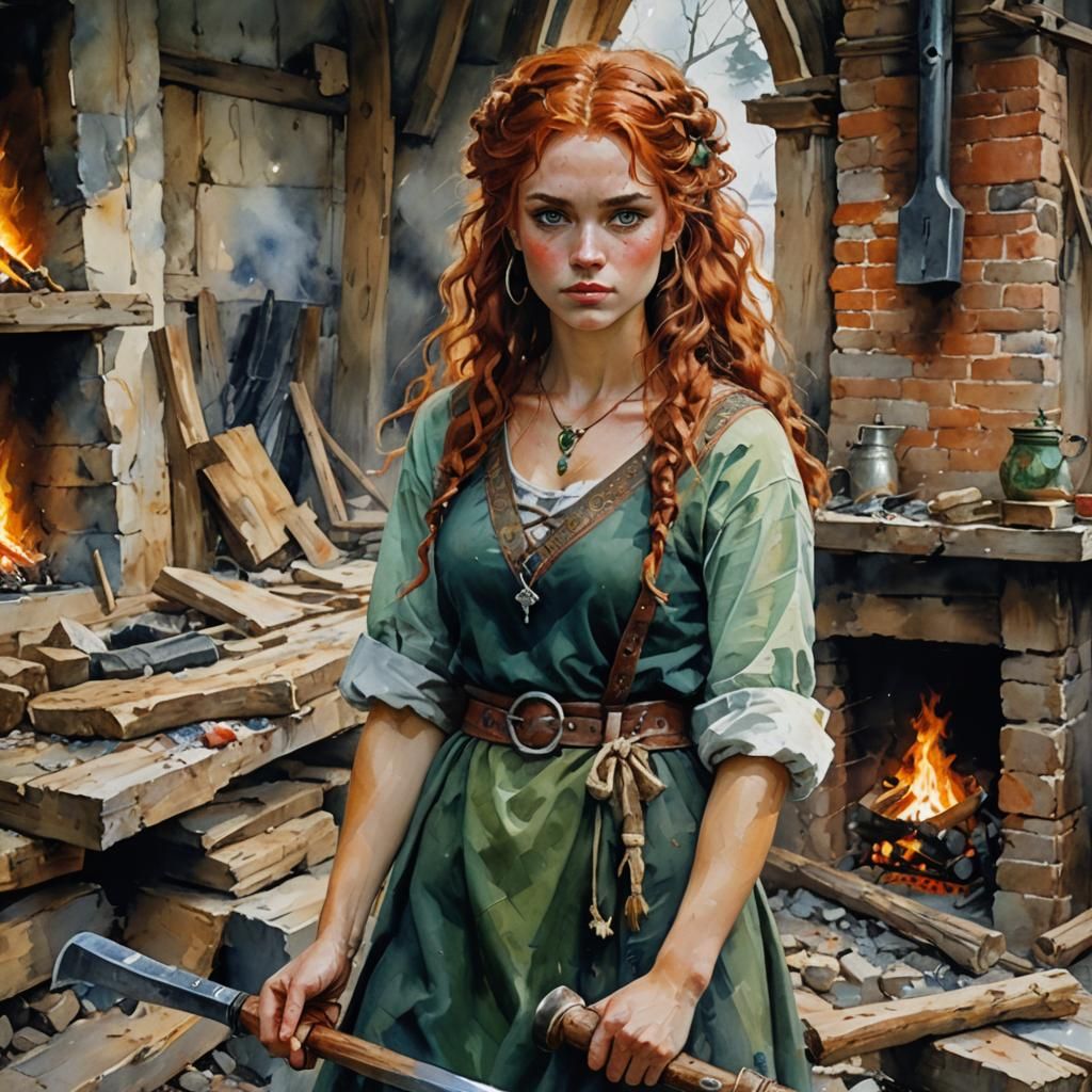 Norse Girl Chopping Wood in Watercolor Post-Impressionism